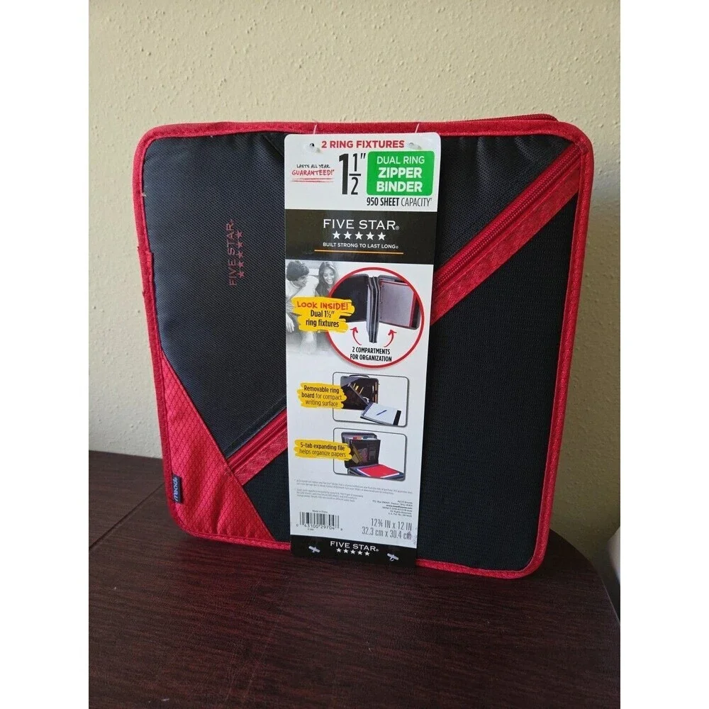 NEW Mead Five Star Dual Ring Zipper Binder 1.5 Inch 950 Sheets Retro Red Black